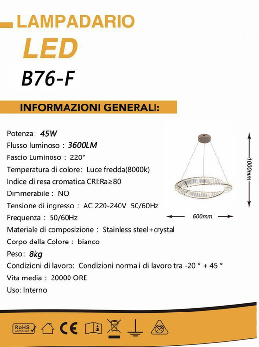 TEKHOME Lampadario LED di Lusso con Cristalli, 45W 3600LM Luce Bianchissima 8000K, Sospensione Moderna in Acciaio Inox, per Interni, 220-240V B76-F