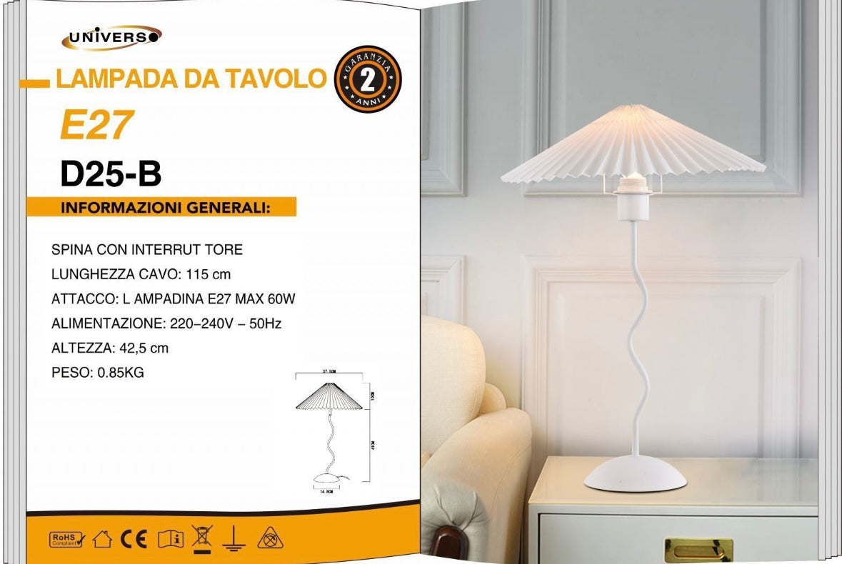 Lampada da Tavolo  E27 – Design Elegante con Paralume Plissettato, Lampada da Comodino Moderna, Interruttore su Cavo, Bianco, per Camera da Letto e Soggiorno D25-B
