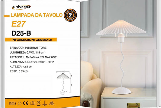 Lampada da Tavolo  E27 – Design Elegante con Paralume Plissettato, Lampada da Comodino Moderna, Interruttore su Cavo, Bianco, per Camera da Letto e Soggiorno D25-B