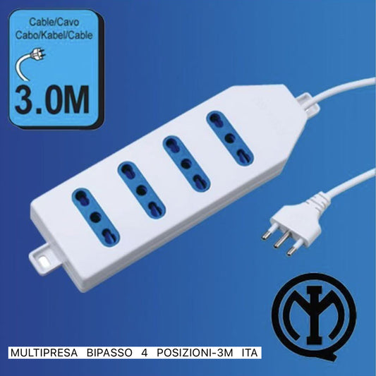 2 Pezzi Multipresa Bipasso Italiana 4 Posti con Spina 10A, Cavo Lungo 3 m, Presa Multipla per Casa e Ufficio, Colore Bianco–C-XSL2204-3M