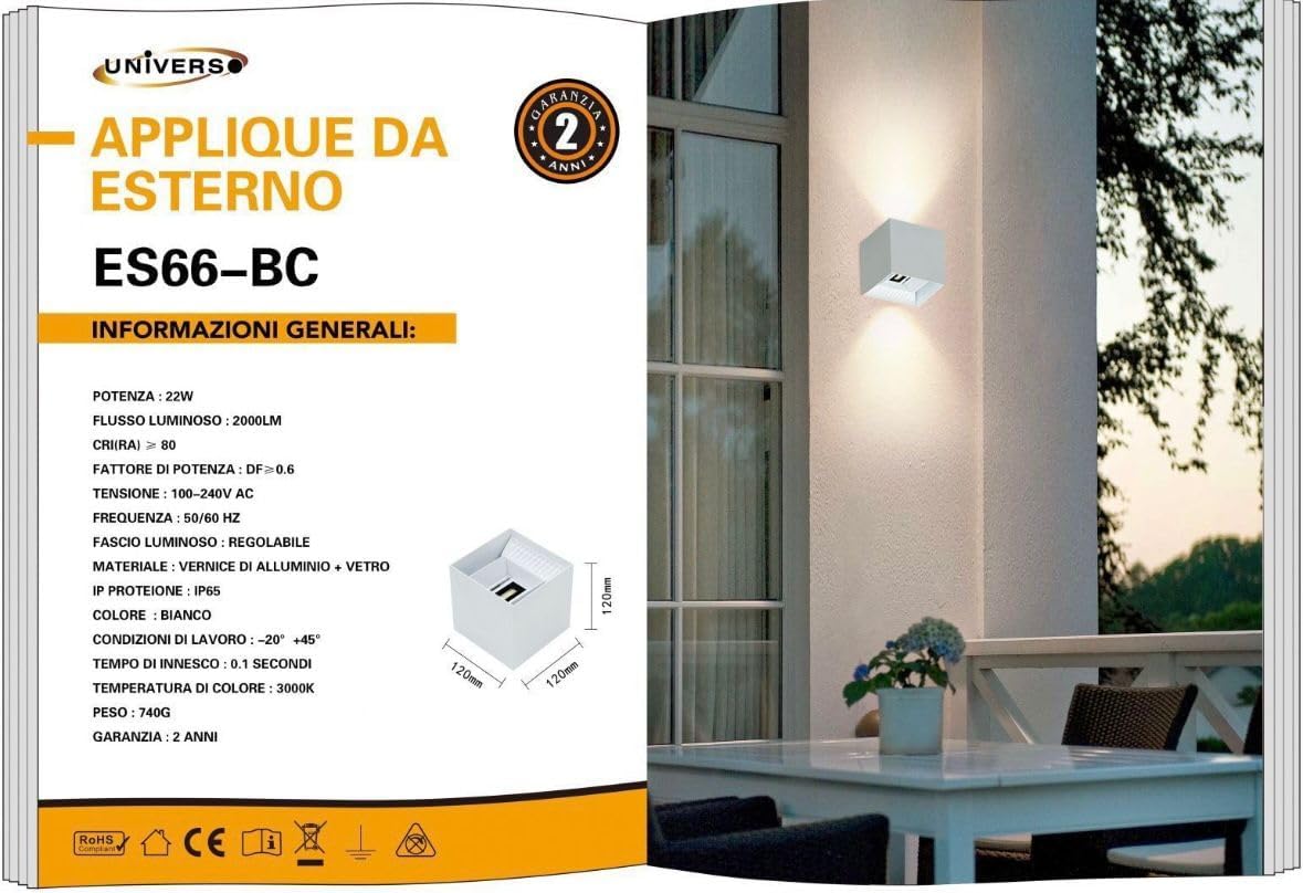 Applique da Esterno LED 22W IP65 – Lampada da Parete Moderna Up&Down Regolabile, Alluminio, 2000 Lumen, Bianco/Nero/Grigio, Luce 3000K/4000K/6500K ES66