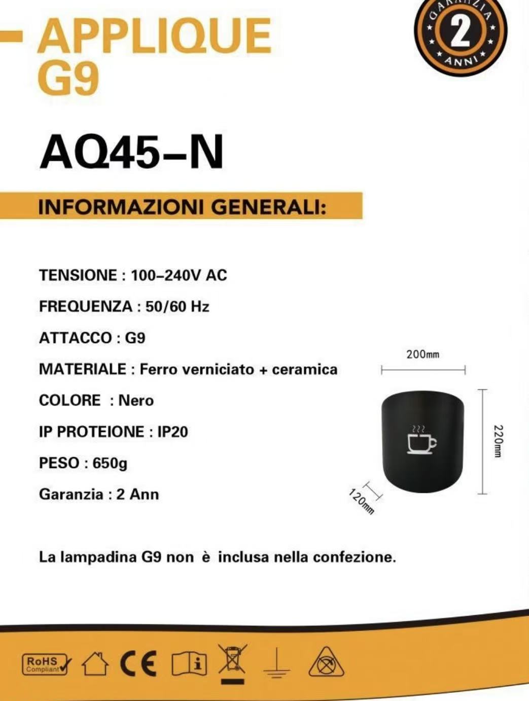 TEKHOME Applique da muro design caffè G9, lampada da parete moderna in metallo e ceramica, 1XG9, colore nero o bianco, per soggiorno cucina bar AQ45