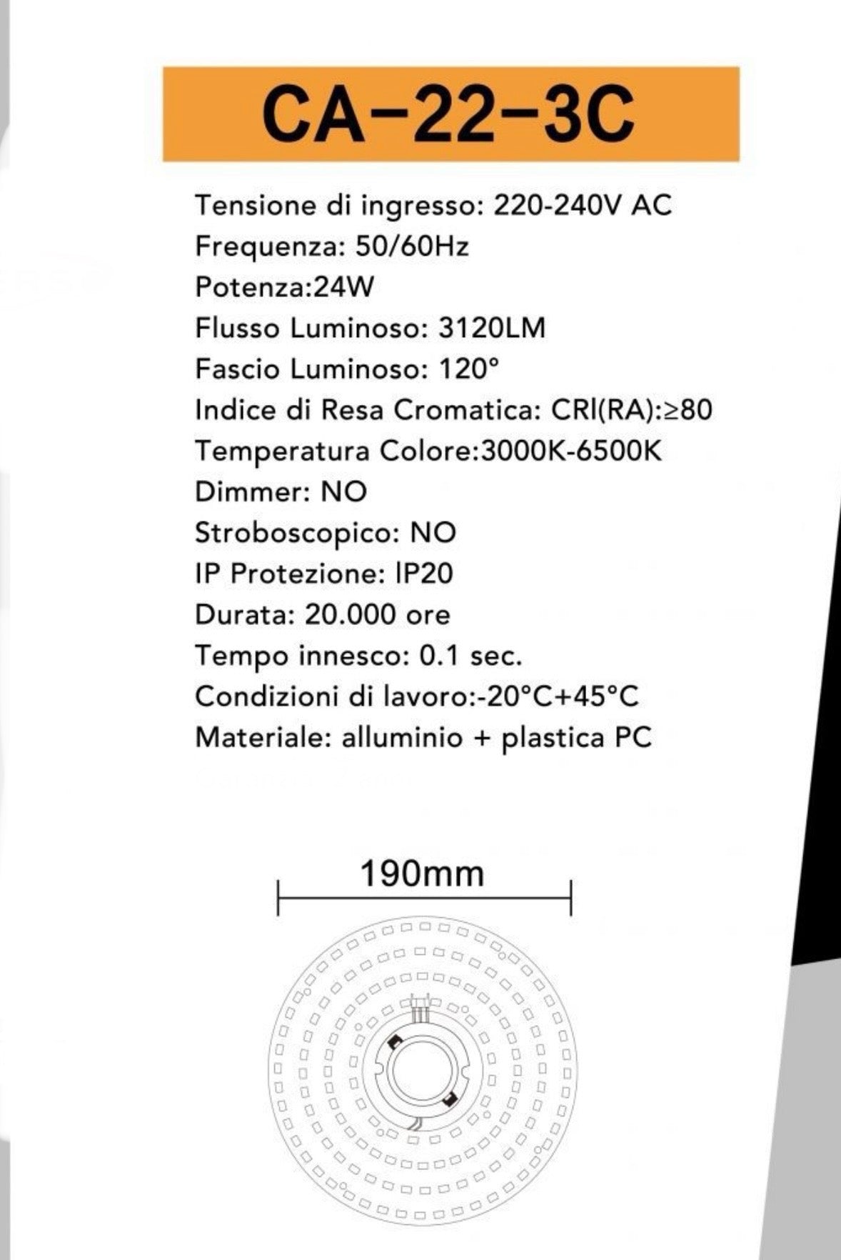 Plafoniera LED Circolare 24W CCT 3000K-6500K, Modulo LED Magnetico Ø190mm, Alta Luminosità 3120LM, Lampada da Soffitto per Interni, Bianco – CA-22-3C