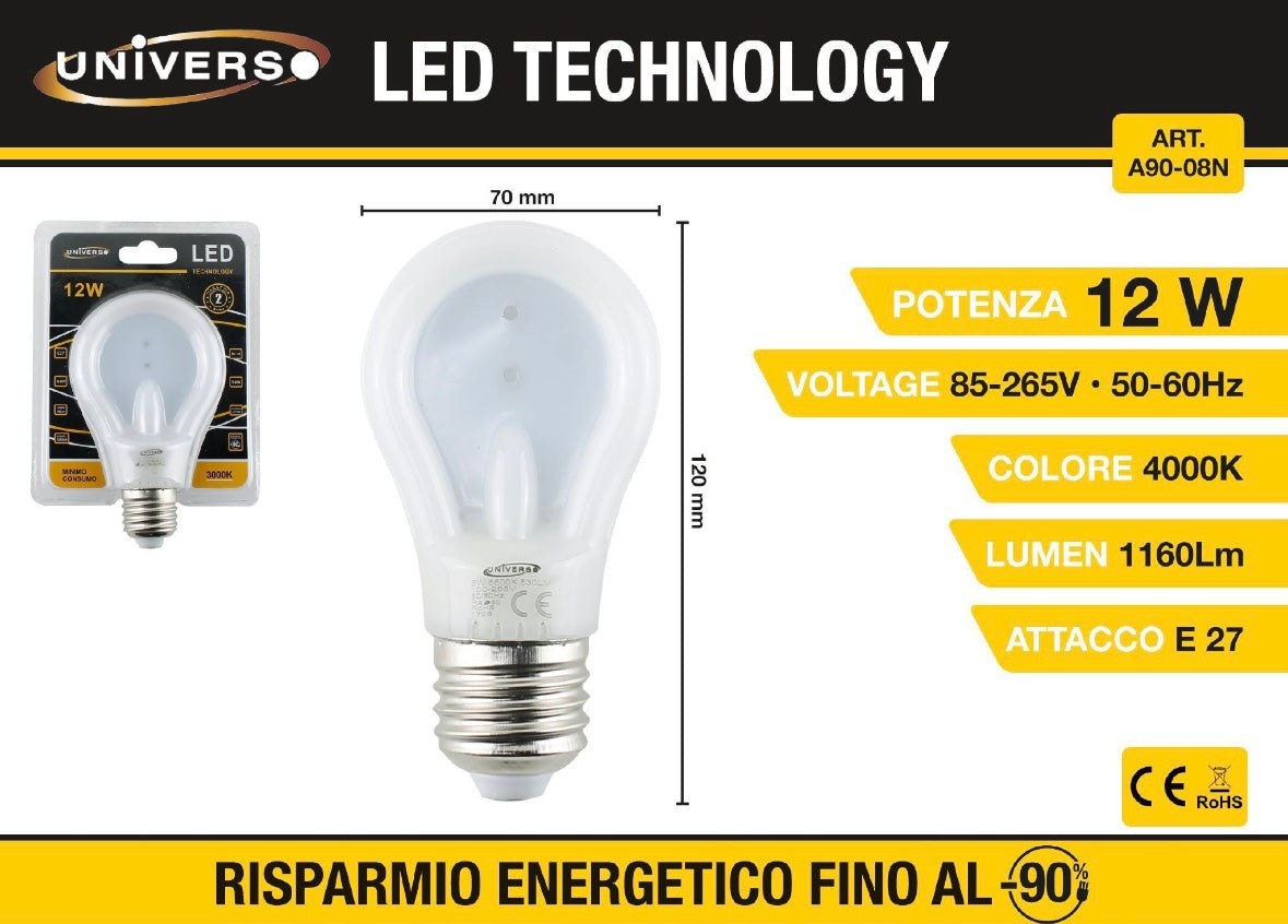 Lampadine LED E27 12W, Confezione da 5 Pezzi, 1160LM, Luce 3000K/4000K/6500K, Lampadine a Basso Consumo 85-265V, Non Dimmerabili, Modello A90-08