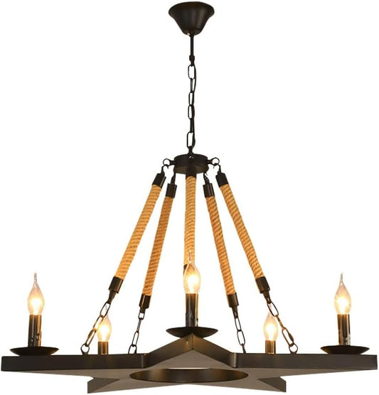 Lampadario Industriale Vintage a 5 Luci, Attacco E14, Design in Metallo e Corda, Ø80 cm, Altezza 125 cm, Ideale per Sala da Pranzo, Cucina, Soggiorno, Loft, Ristorante A39-5