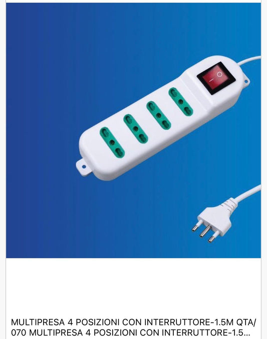 2 Pezzi Multipresa Italiana con Interruttore, Presa Multipla Bipasso 4 Posizioni 10/16A, Spina 16A, Cavo 1,5 m, Colore Bianco – C-X203069