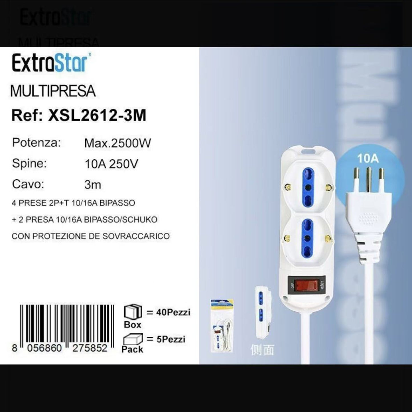 2 Pezzi Multipresa 6 Prese Bipasso/Schuko 10/16A con Protezione da Sovraccarico, Spina Italiana 10A, Cavo 3 m, Interruttore di Sicurezza, Bianca– XSL2612-3M