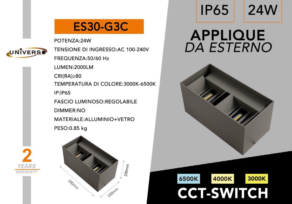 Applique LED Da Esterno 24W IP65 CCT 3000K-6500K – Modelli – Lampada da Muro Impermeabile Luce Regolabile per Giardino, Facciata, Ingresso ES30-3C