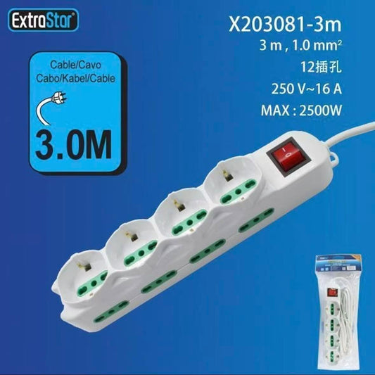 2 Pezzi Multipresa Italiana con Interruttore, 4 Prese Schuko con 8 Ingressi Bipasso, Cavo 3 Metri, 10/16A, Max 2500W, Spina Tipo L 16A, Bianca– C-X203081-3M