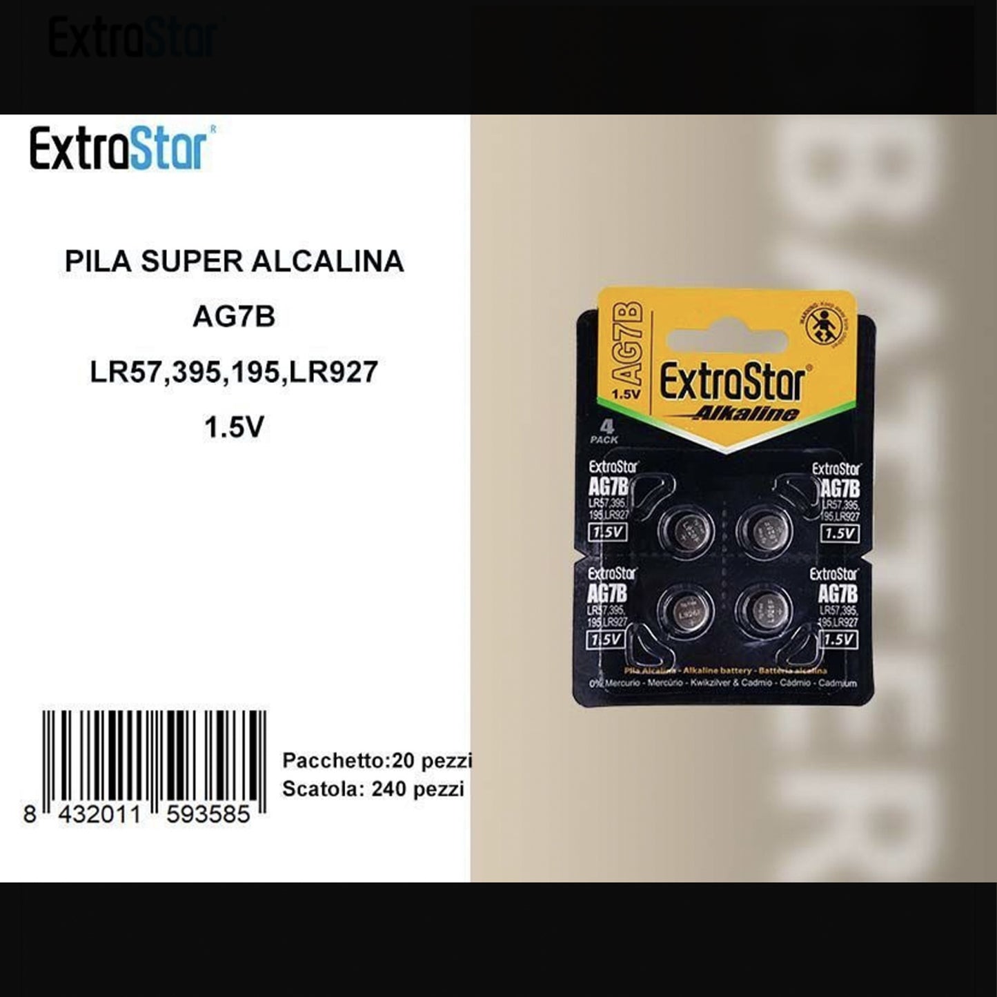 Pile a Bottone AG7 1.5V Super Alcaline – Batterie Equivalenti LR57 395 195 LR927 – per Orologi, Calcolatrici, Giocattoli e Dispositivi Elettronici – Confezione da 12 Pack – AG7B