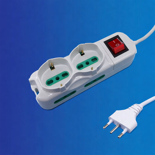 2 Pezzi Multipresa 4 Prese Bipasso 10/16A + 2 Prese Schuko, con Interruttore Luminoso, Spina Italiana Tipo L 250V, Colore Bianco – Modello X203073