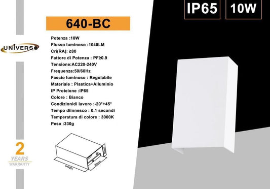 Applique da Esterno LED 10W IP65 – Lampada da Parete Moderna Rettangolare in Alluminio, Luce Calda 3000K / Neutra 4000K / Fredda 6500K, 1040 Lumen, per Interno ed Esterno 640