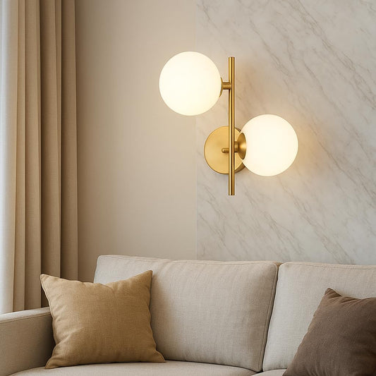 Applique Moderna da Parete in Ottone con 2 Sfere in Vetro, Attacco G9, Design Minimal, Lampada da Parete per Camera da Letto, Soggiorno, Corridoio – IP20 – Senza Lampadina AQ42