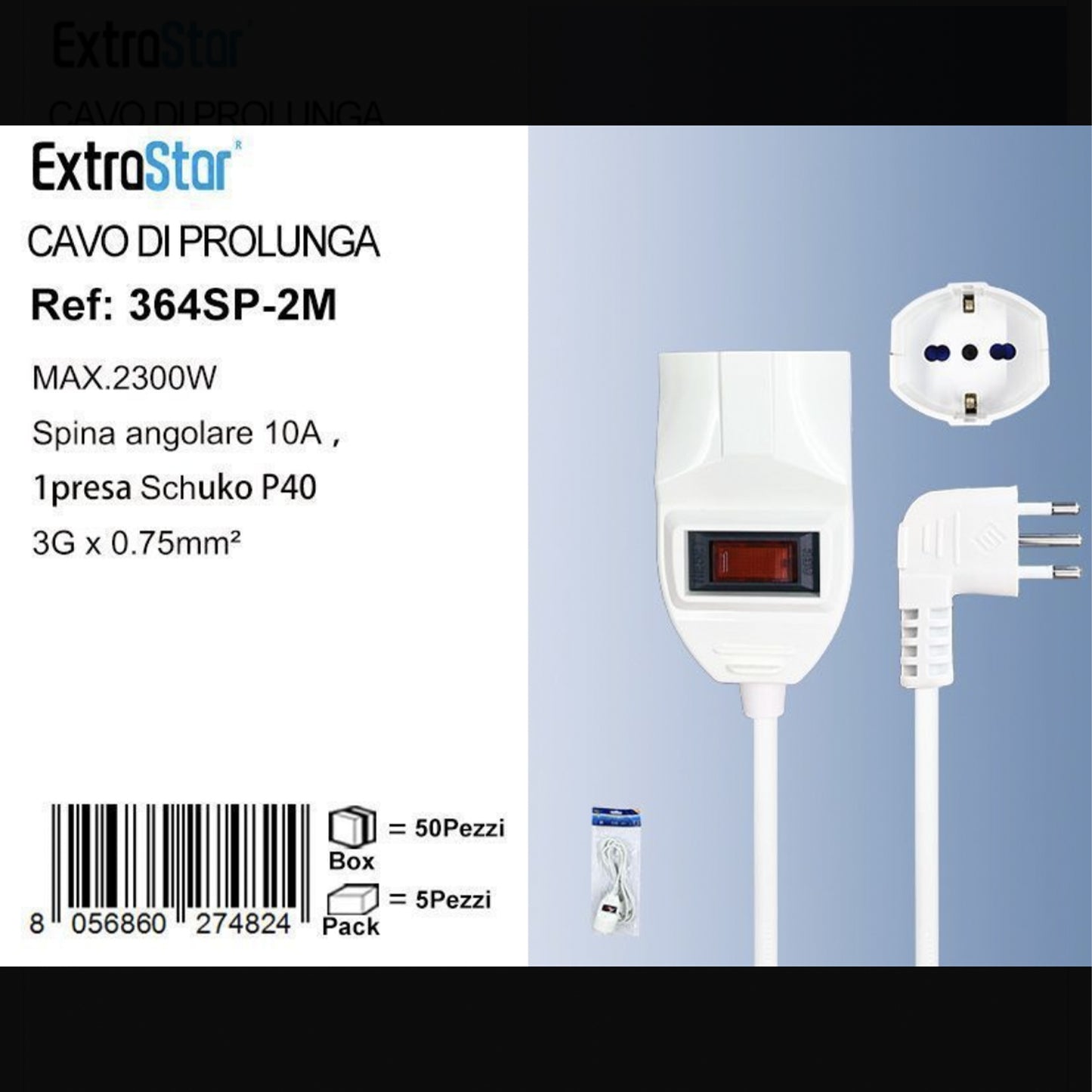 2 Pezzi Prolunga Elettrica 2 m con Interruttore, Spina Angolare 10A, Presa Schuko, Cavo 3×0,75 mm², Protezione Sovraccarico – 364SP-2M