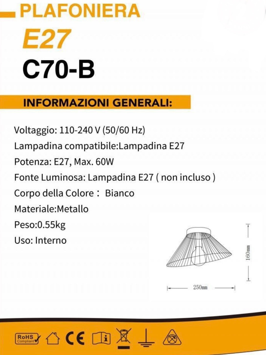TEKHOME Plafoniera E27 a soffitto a forma di cesta, Max 60W, Corpo bianco in metallo, Interno, Modello C70