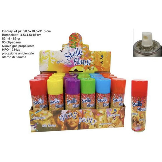 24 Pezzi Spray Stelle Filanti Colorate 83g, Coriandoli Spray per Carnevale e Feste, Assortimento Colori, Sicuro e Facile da Usare– 181665-24