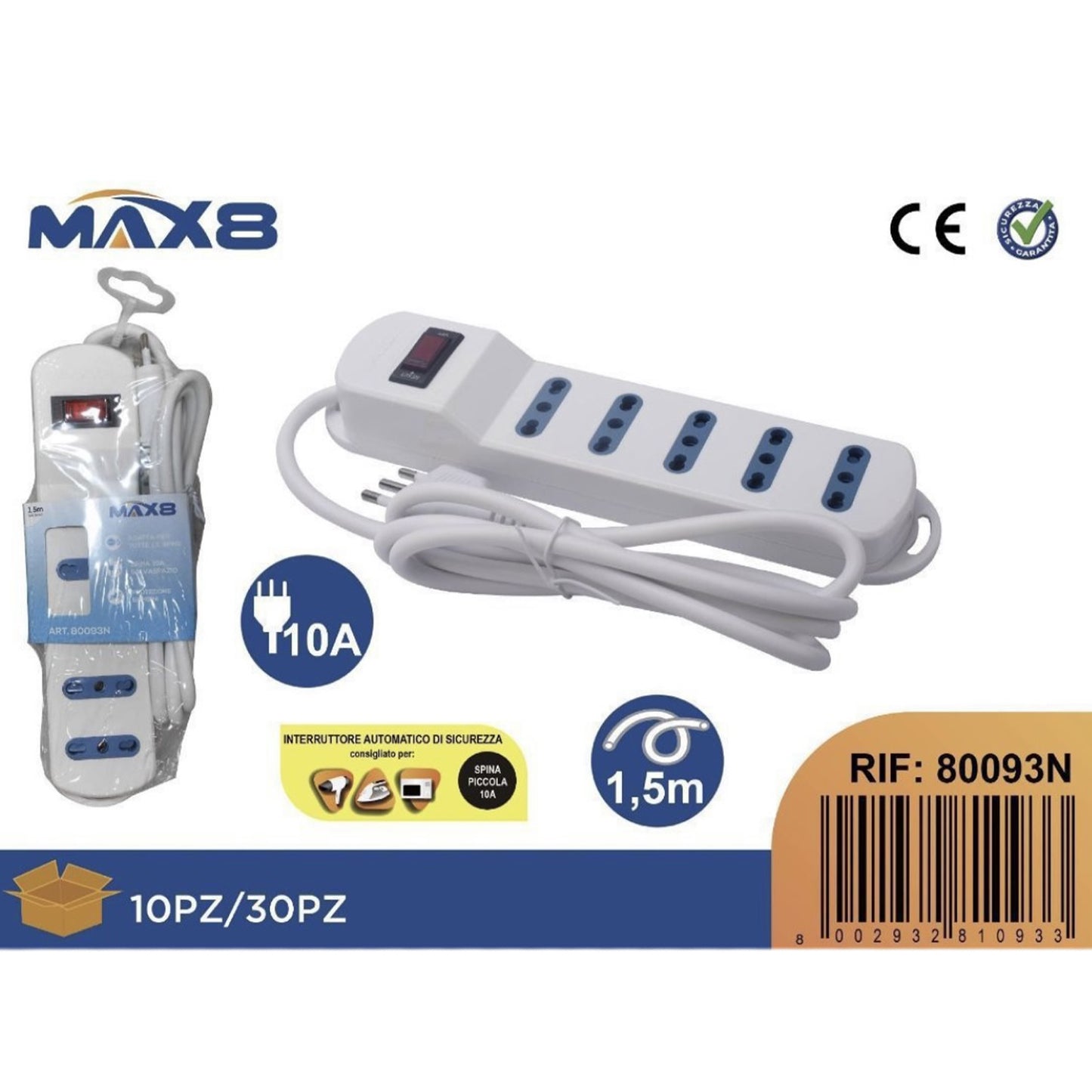 2 Pezzi Multipresa 5 Prese Bipasso 10A con Interruttore, Cavo 1,5 m, Spina Italiana 10A, Protezione Sovraccarico – RIF 80093N