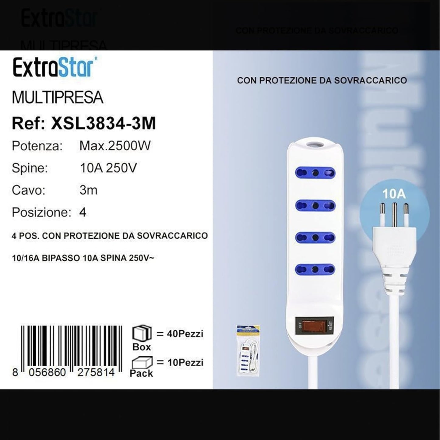 2 Pezzi Multipresa 4 Prese Bipasso 10/16A con Protezione da Sovraccarico, Spina Italiana 10A, Cavo 3 m, Interruttore di Sicurezza, Bianca– XSL3834-3M