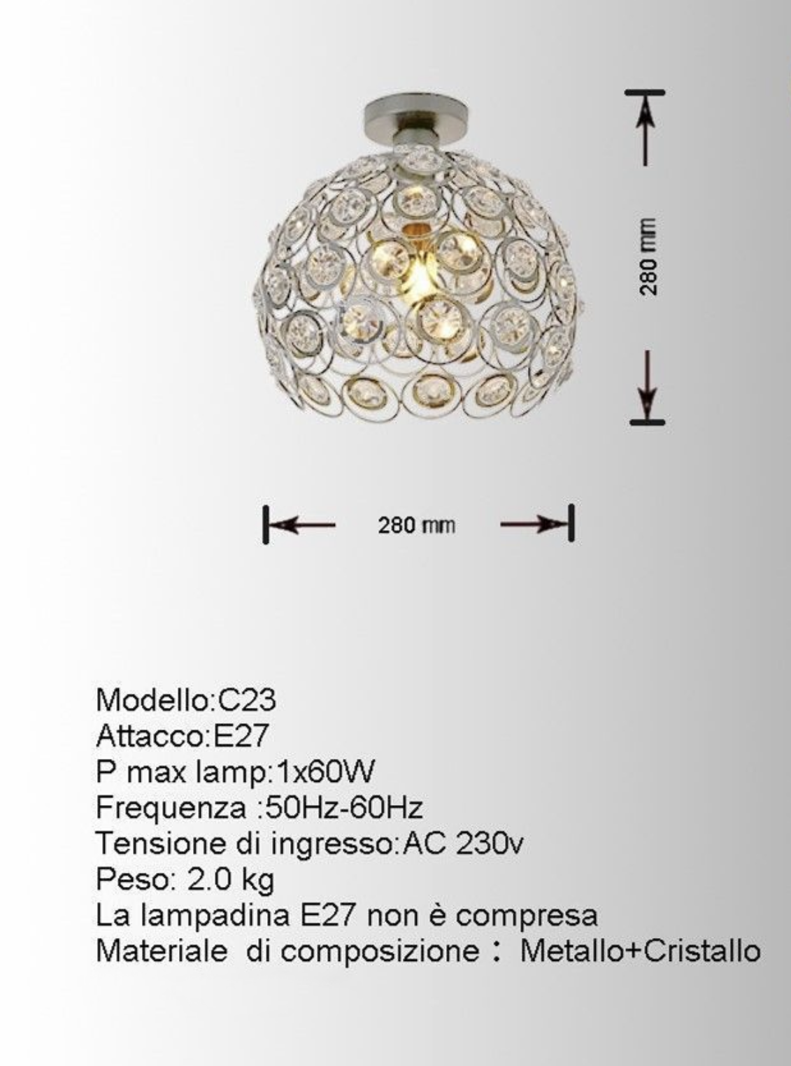 TEKHOME Lampadario da Soffitto a Sfera in Cristallo, Attacco E27, Nero e Bianco, Senza Lampadina, Stile Moderno, per Camera da Letto, Soggiorno, Corridoio, Ø28cm C23