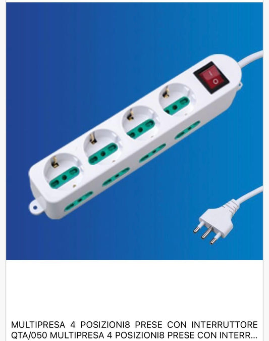 2 Pezzi Multipresa Italiana con Interruttore, 4 Prese Schuko con 4 Ingressi Bipasso 10/16A, Spina Tipo L 16A, Max 2500W, Bianca– C-X203079