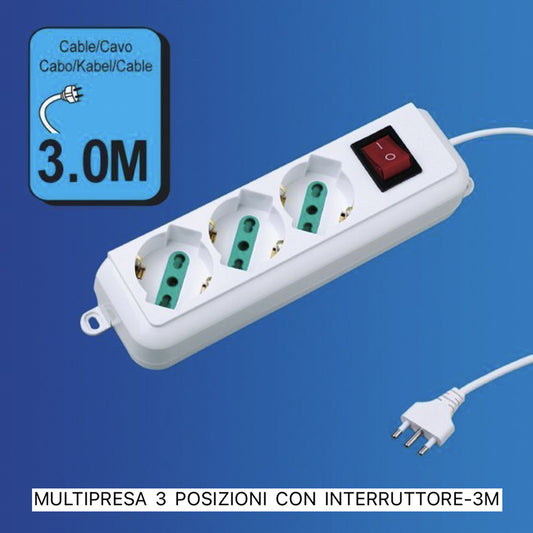 2 Pezzi Multipresa Bipasso Italiana 3 Posti con Interruttore, Spina 10A, Cavo Lungo 3 m, Presa Multipla per Casa e Ufficio, Colore Bianco– C-XSL3003-3M