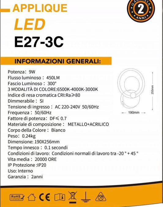 TEKHOME Applique da muro LED 9W moderna, 3 temperature colore 3000K-4000K-6500K, lampada da parete bianca design creativo per camera da letto e soggiorno E27-3C