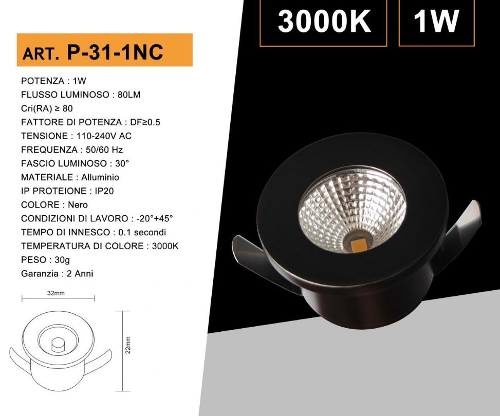 5 Pezzi,Faretti LED da Incasso 1W, Foro Ø32 mm, 80 lm, Luce 3000K/4000K/6500K o Rosso/Verde/Blu, Fascio 30°, AC 110-240V, Corpo in Alluminio, Modello P-31