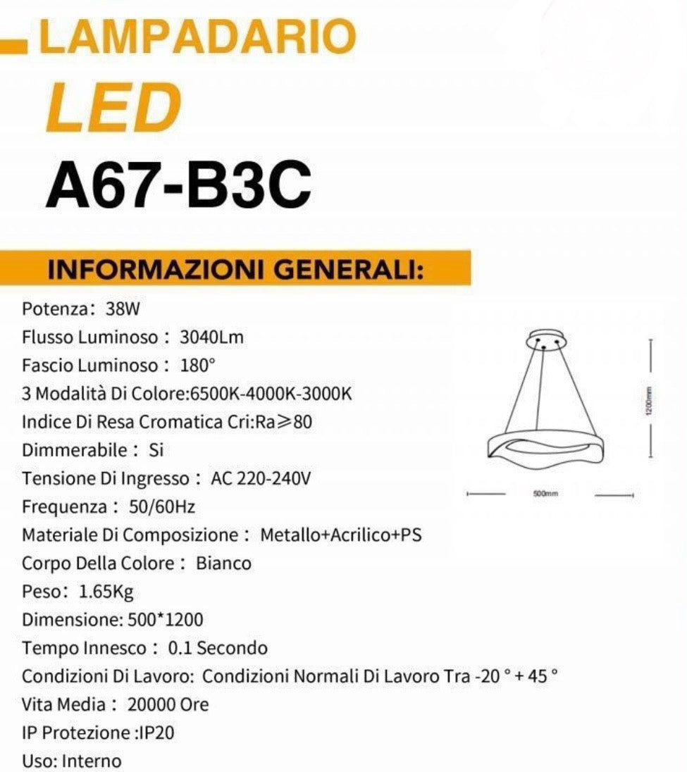 TEKHOME Lampadario plafoniera led a onda 38 w 3 colori luce bianca calda naturale A67 (BIANCO 3 COLORE)