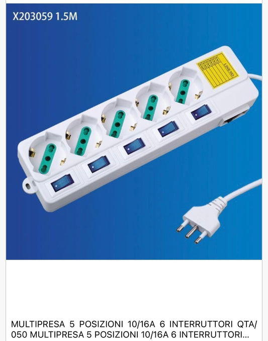2 Pezzi Multipresa Italiana Bipasso 10/16A 5 Posti con Interruttori Singoli, Presa Multipla con Controllo Individuale, Spina 16A, Cavo 1,5 m, Colore Bianco – C-X203059