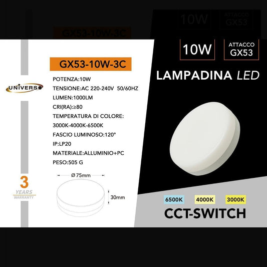 2 Pezzi Lampadina LED GX53 10W, 1000 Lumen, CCT Switch 3000K 4000K 6500K, Luce Selezionabile, Angolo 120°, Lampadina Piatta per Plafoniera– GX53-10W-3C