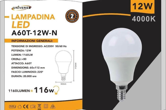 Lampadina LED E14 12W 1160LM, Luce Calda 3000K / Naturale 4000K / Fredda 6500K, Non Dimmerabile, Lampadine LED Risparmio Energetico – Confezione 6 Pezzi – A60T-12W