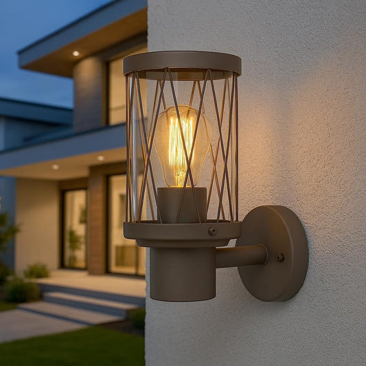 Applique da Esterno IP54 con Attacco E27, Lampada da Parete Vintage Industriale in Alluminio, Design a Gabbia, per Facciata, Giardino e Terrazza – Colore Ruggine ESM-02C