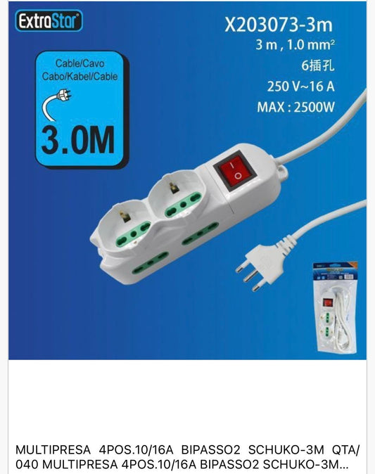 2 Pezzi Multipresa Italiana Bipasso e Schuko con Interruttore, Presa Multipla 4 Posizioni 10/16A, Spina 16A, Cavo 3 m, Max 2500W, Bianca – C-X203073-3M