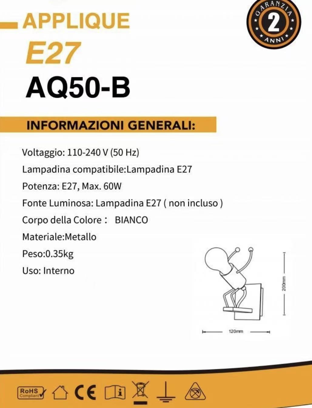 TEKHOME Applique da Muro E27 Design Moderno Metallo, Lampada da Parete con Portalampada E27, Bianco/Nero, per Soggiorno Camera da Letto AQ50