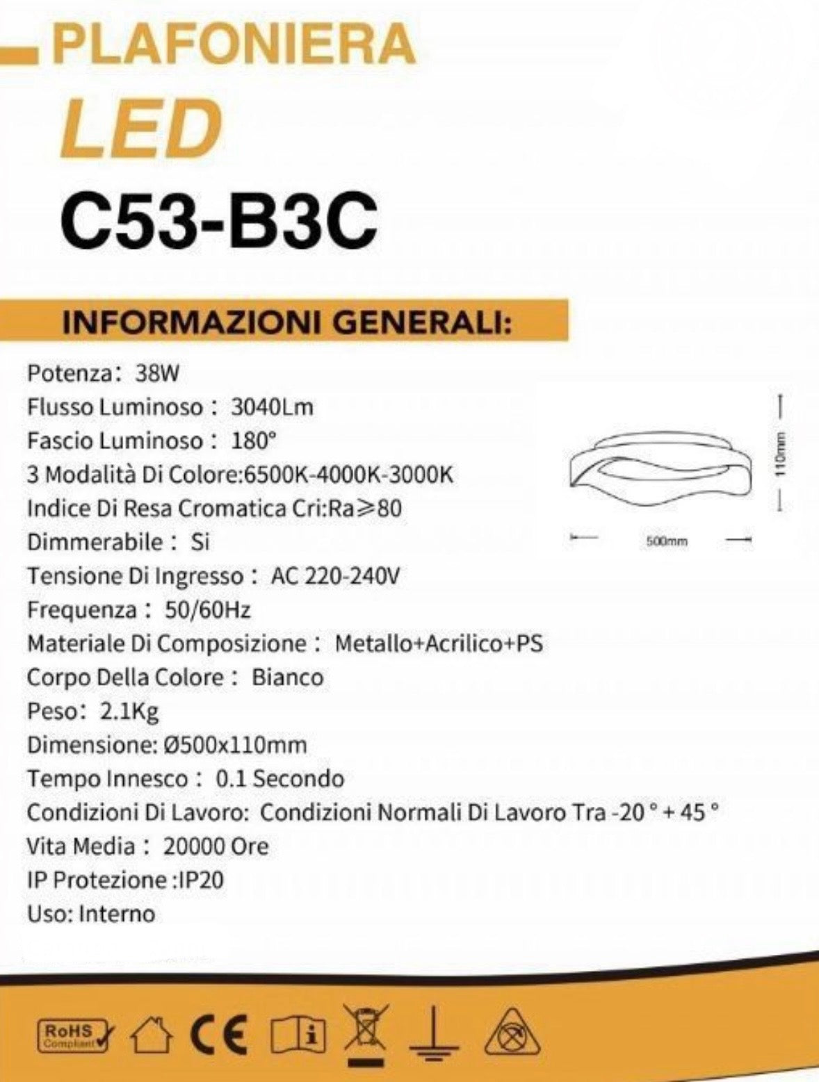 TEKHOME Plafoniera LED Moderna 38W, Dimmerabile, 3 Modalità di Colore 3000K-4000K-6500K, 3040LM,Bianco e Nero, Design Elegante per Camera da Letto e Soggiorno C53