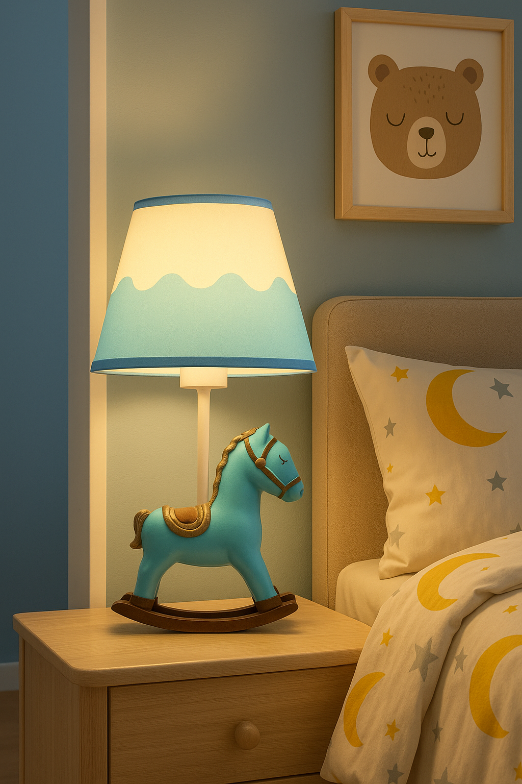 Lampada da Comodino per Bambini – Lampada da Tavolo con Cavallo Blu, Attacco E27, Paralume Decorativo, Luce Notturna Cameretta, Max 60W D09-BU