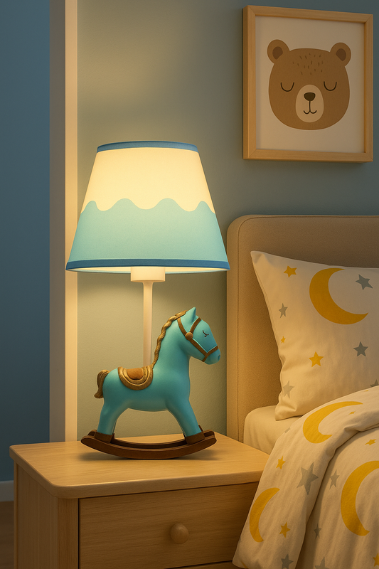 Lampada da Comodino per Bambini – Lampada da Tavolo con Cavallo Blu, Attacco E27, Paralume Decorativo, Luce Notturna Cameretta, Max 60W D09-BU