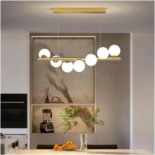 Lampadario Moderno a Sospensione 7 Luci G9, Design in Vetro Bianco e Ottone, Altezza Regolabile, per Soggiorno Cucina Sala da Pranzo Camera da Letto – Senza Lampadine A06