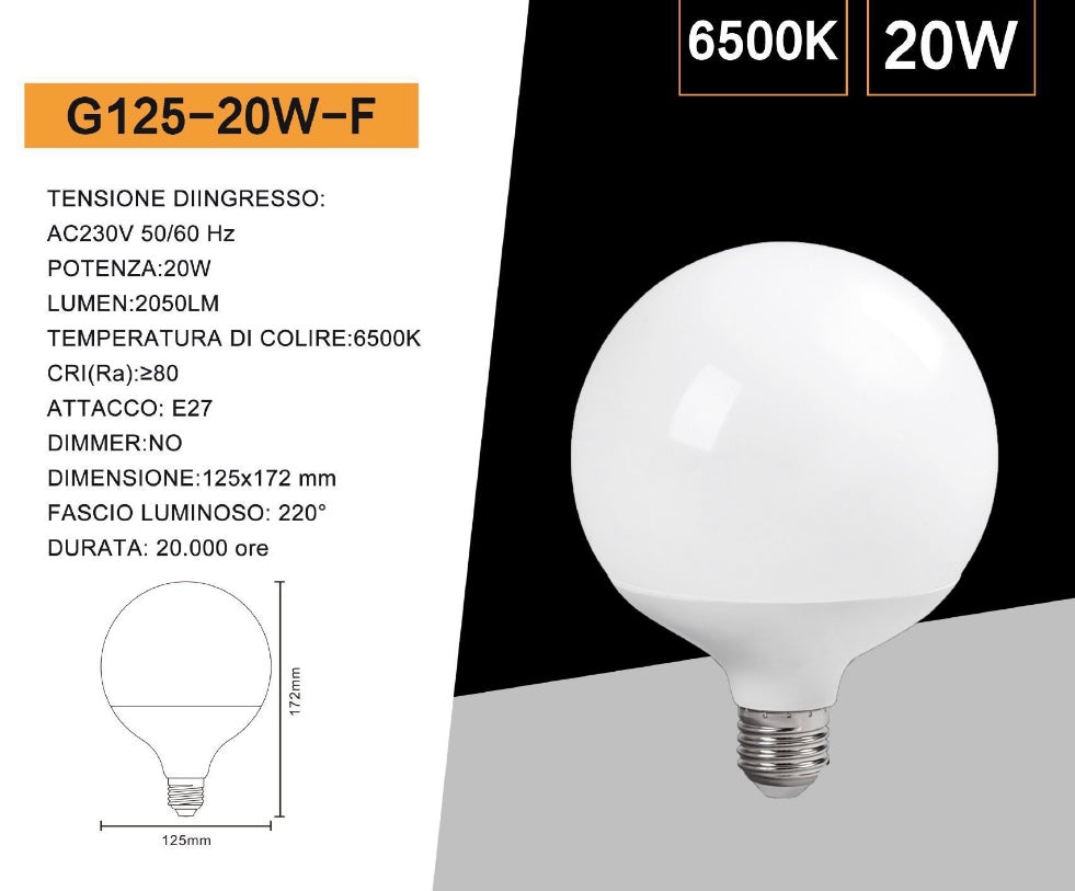 Lampadine LED E27 G125 20W, Confezione da 6 Pezzi, 2050LM, Globo Grande Ø125 mm, Luce Naturale 4000K, CRI>80, Angolo 220°,Risparmio Energetico, Modello G125-20W