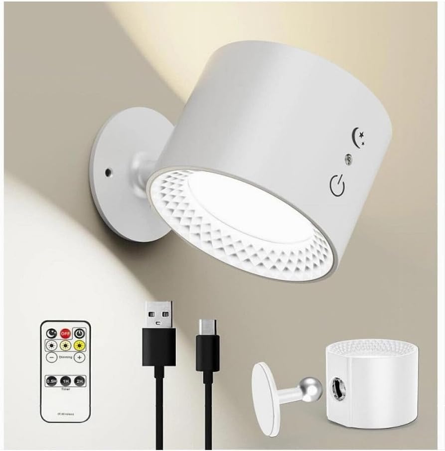 Applique LED da Muro 5W Ricaricabile USB, Lampada da Parete Moderna con 3 Colori (3000K-4500K-6500K), Rotonda in ABS, Bianco/Nero, per Camera da Letto Soggiorno Interni BD01
