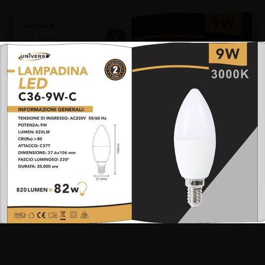 6 Pezzi Lampadina LED Candela E14 9W (≈82W) – 820 Lumen, CRI>80, 230V, Fascio 220°– 3000K/4000K/6500K C36-9