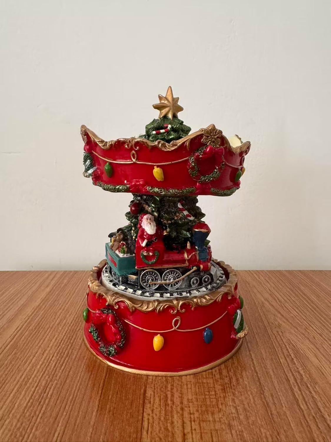 Carillon di Natale Rotante con Babbo Natale e Trenino, Giostra Musicale Natalizia con Movimento, Decorazione Natalizia da Tavolo Ø12×H16,5 cm 423507