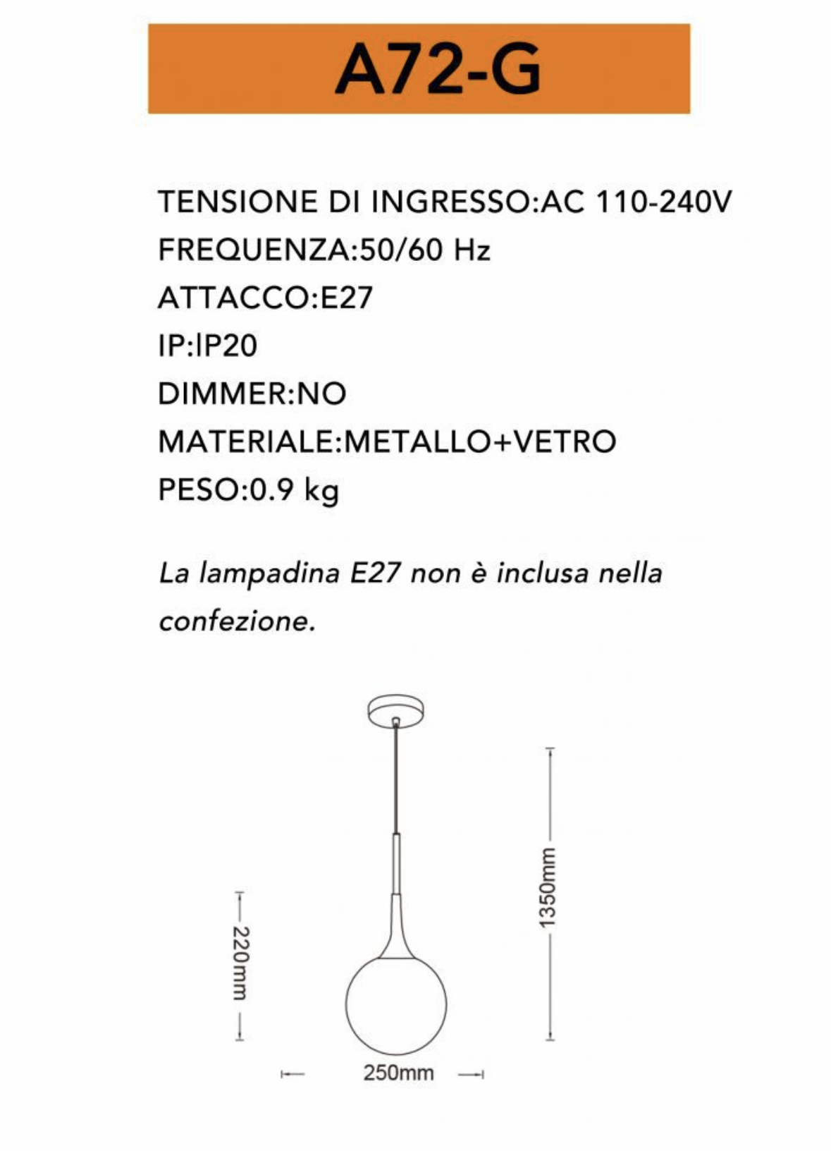 TEKHOME Lampadario a sospensione decorativa in metallo con sfera in vetro attacco E27 lampada contemporanea (Argento/Oro) A72