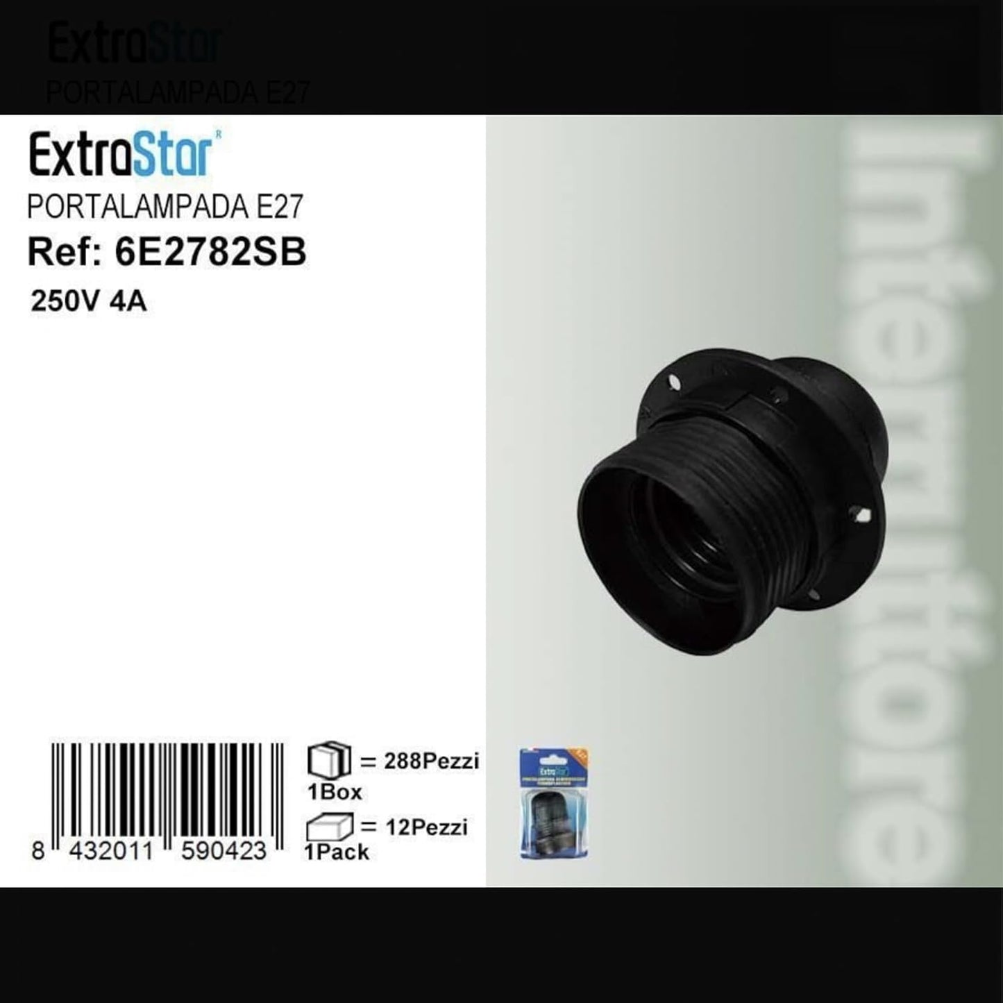 Portalampada E27 in Termoplastica Nera, Semifilettato, 250V 4A, Attacco E27 per Lampadine LED e Incandescenza, Set da 12 Pezzi – 6E2782SB