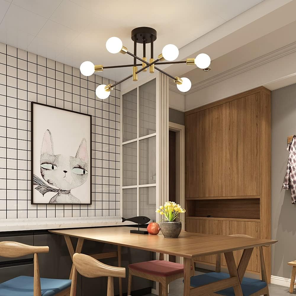 Plafoniera Moderna a Soffitto E27, Lampadario 6 Luci in Metallo Nero e Ottone, Stile Industriale per Soggiorno Cucina Camera da Letto – Attacco E27 (Lampadina Non Inclusa) PN-14