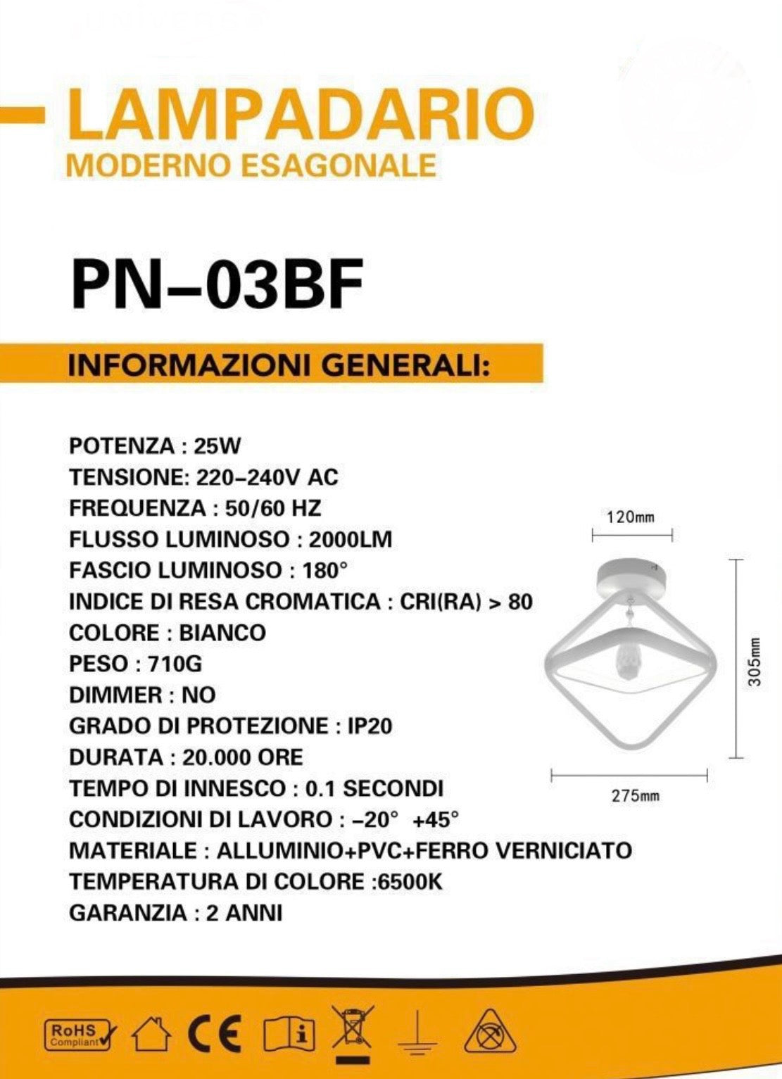 TEKHOME Lampadario led moderno 25 watt forma rombo plafoniera lampada da soffitto luce 3000K/4000K/ 6500K 2000Lm PN-03