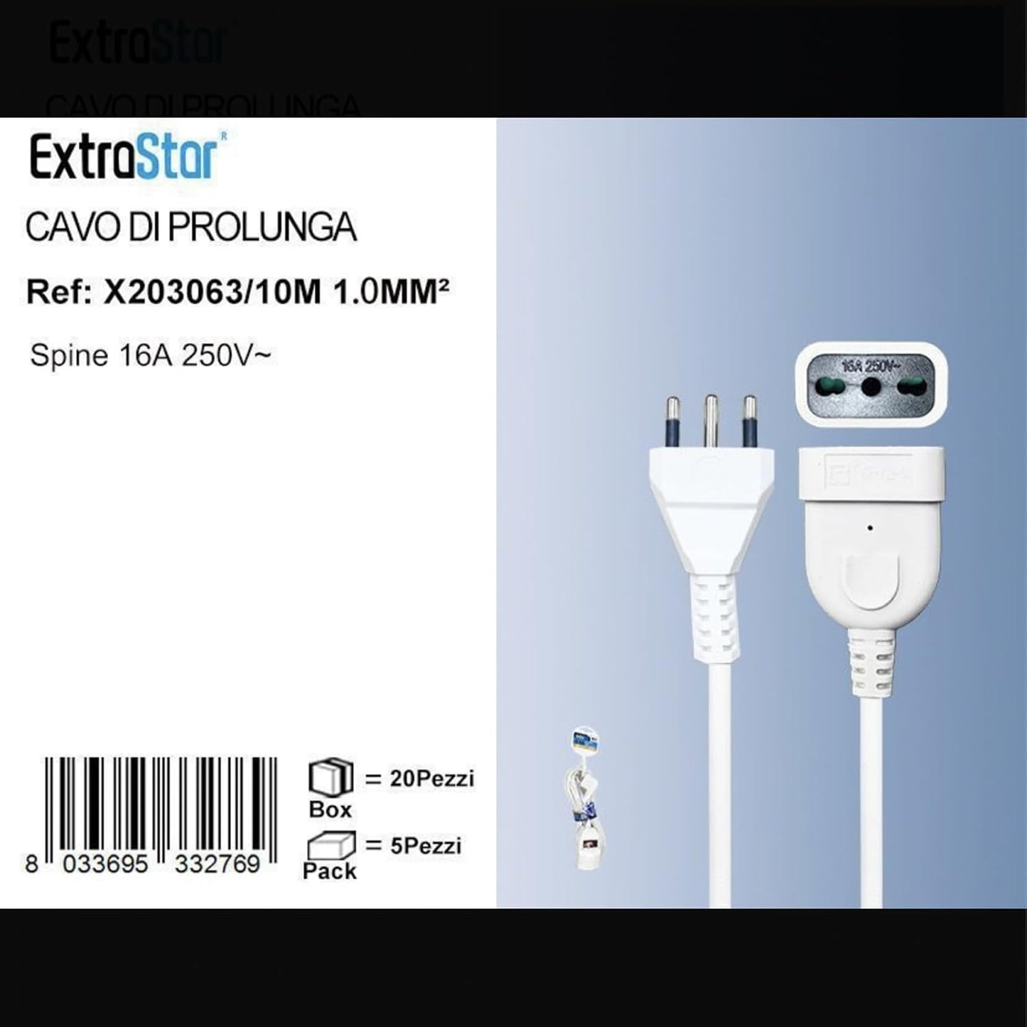 2 Pezzi Cavo di Prolunga Lineare 10m Spina Italiana 16A 250V, Presa Bipasso 10/16A, Cavo 3G 1,0mm², Max 2300W, Bianco – X203063-10M