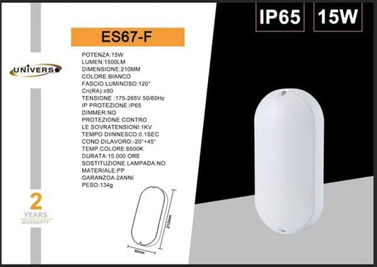 Applique da Esterno LED 15W IP65 – Lampada da Parete Bianca Moderna Impermeabile, 1500 Lumen, Luce 3000K/4000K/6500K per Bagno, Balcone e Corridoio ES67