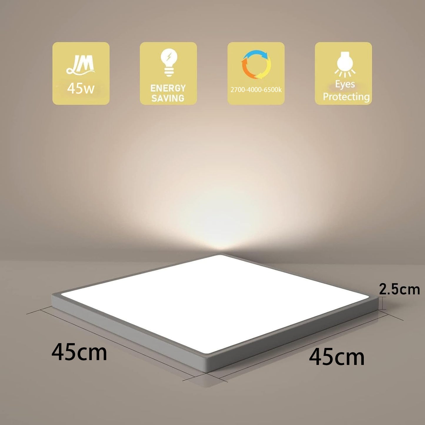 Plafoniera LED Quadrata 45W con Cambio Colore CCT 6500K-4000K-2700K, Moderna per Soggiorno Cucina Camera PQ-450