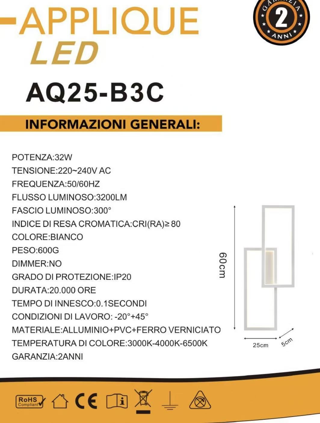 TEKHOME Applique da muro LED 32W moderna rettangolare, luce bianca regolabile 3000K-6500K, lampada da parete per camera da letto soggiorno, disponibile in Bianco e Nero AQ25